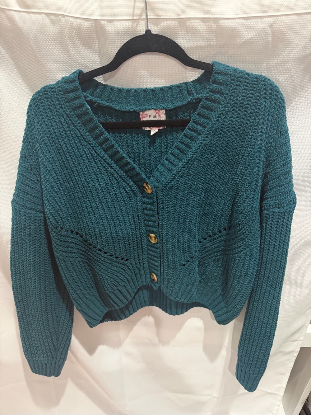 Pink Republic- V Neck Teal Knit Button-Front Cropped Cardigan Sweater.  Large.